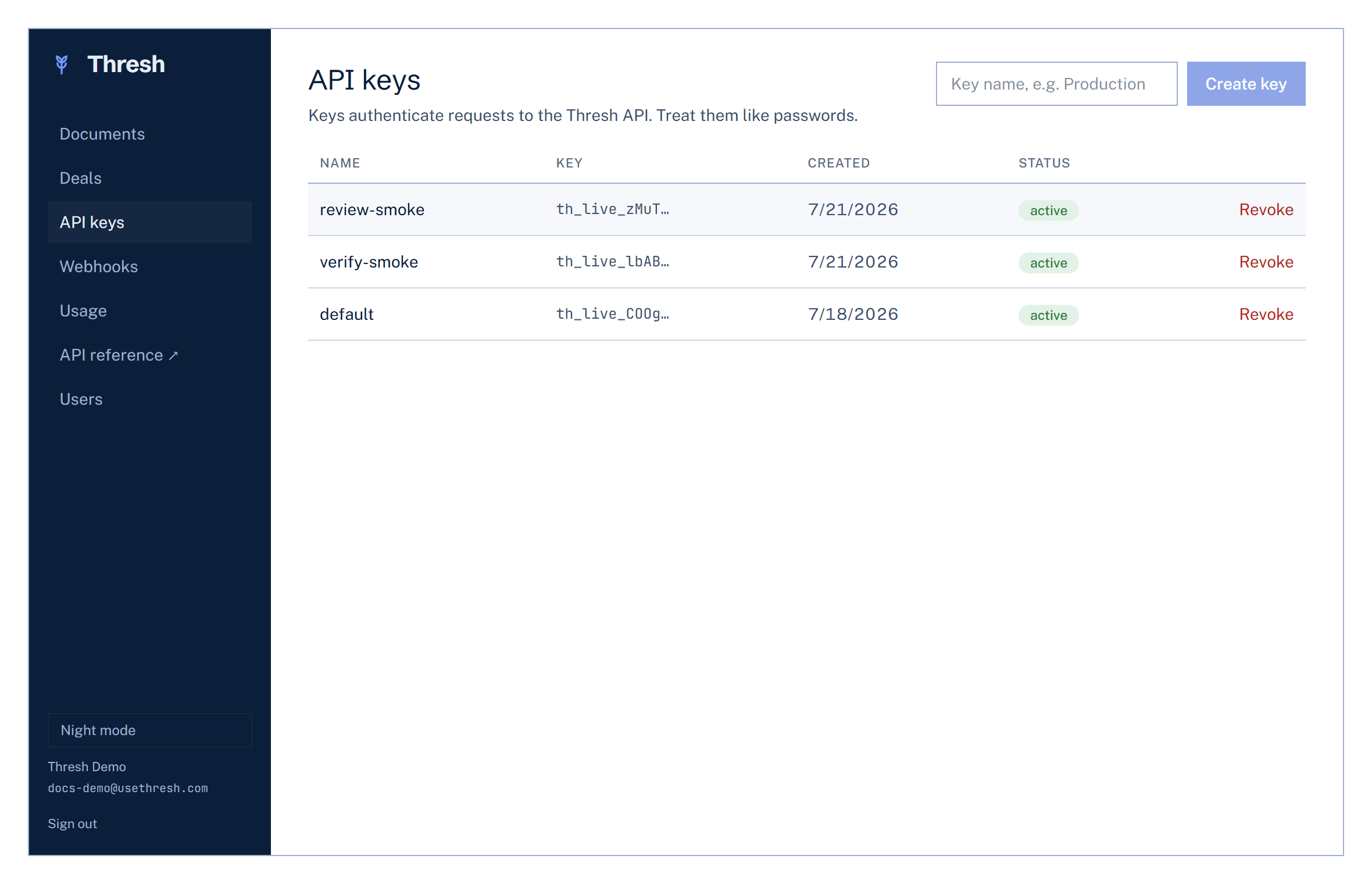 The API keys page with a key created
