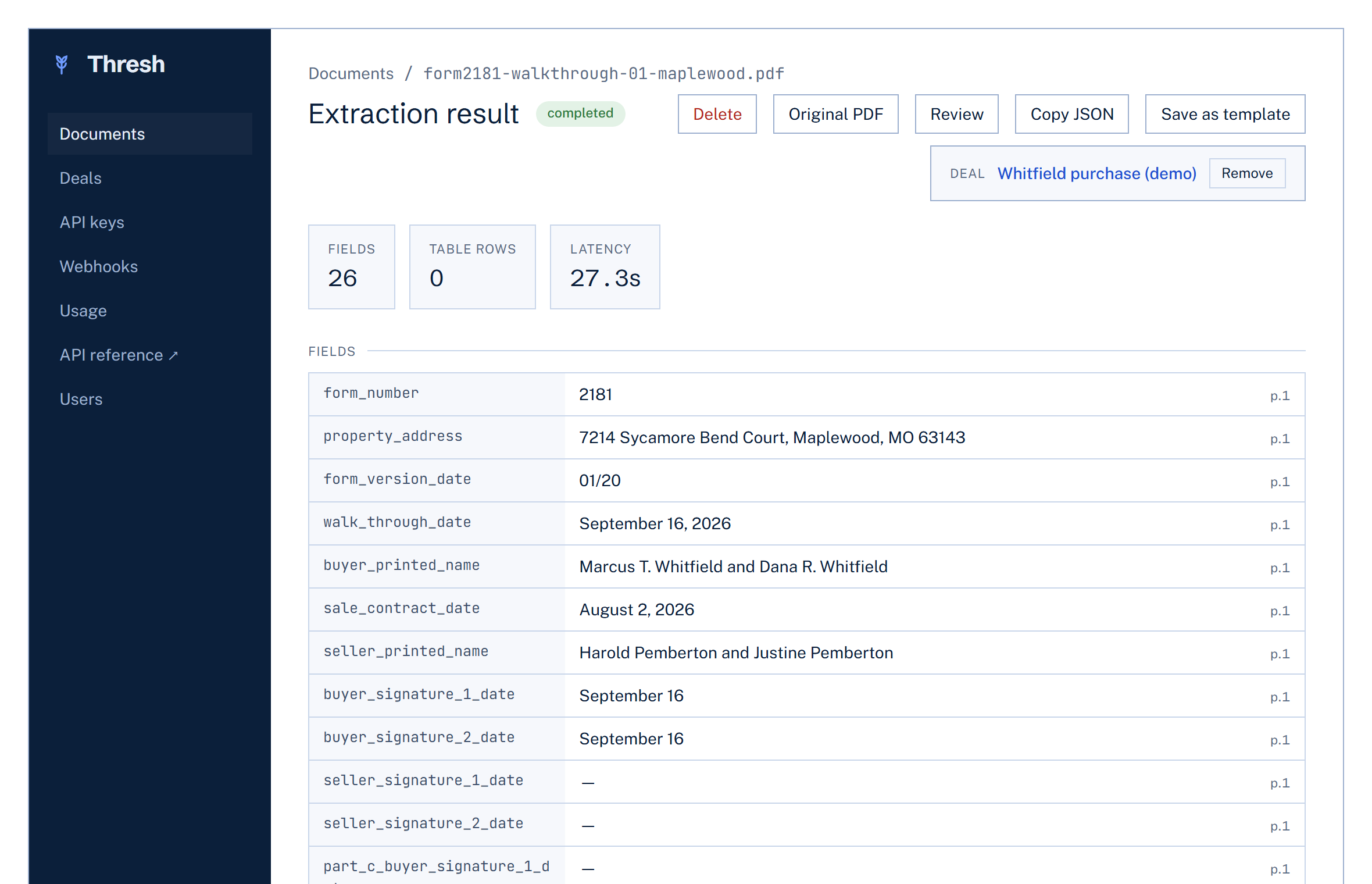 An extraction result with fields and answers