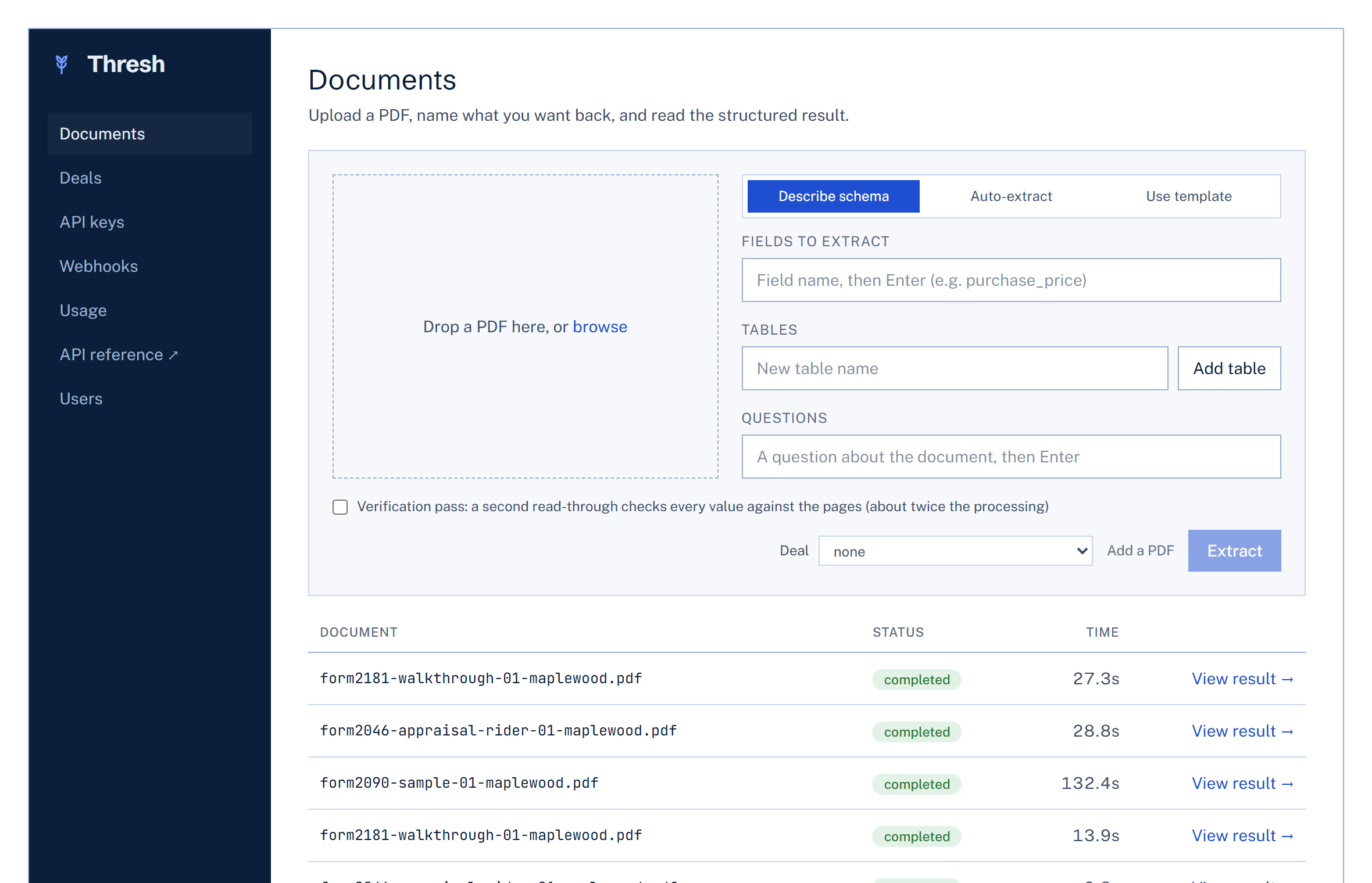 Upload panel in Describe schema mode
